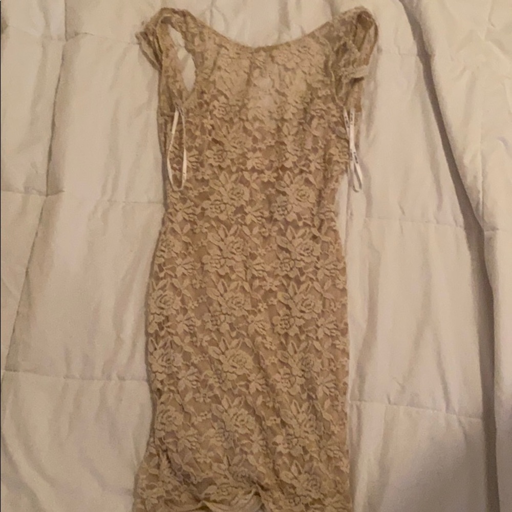 beige lace dress with open back